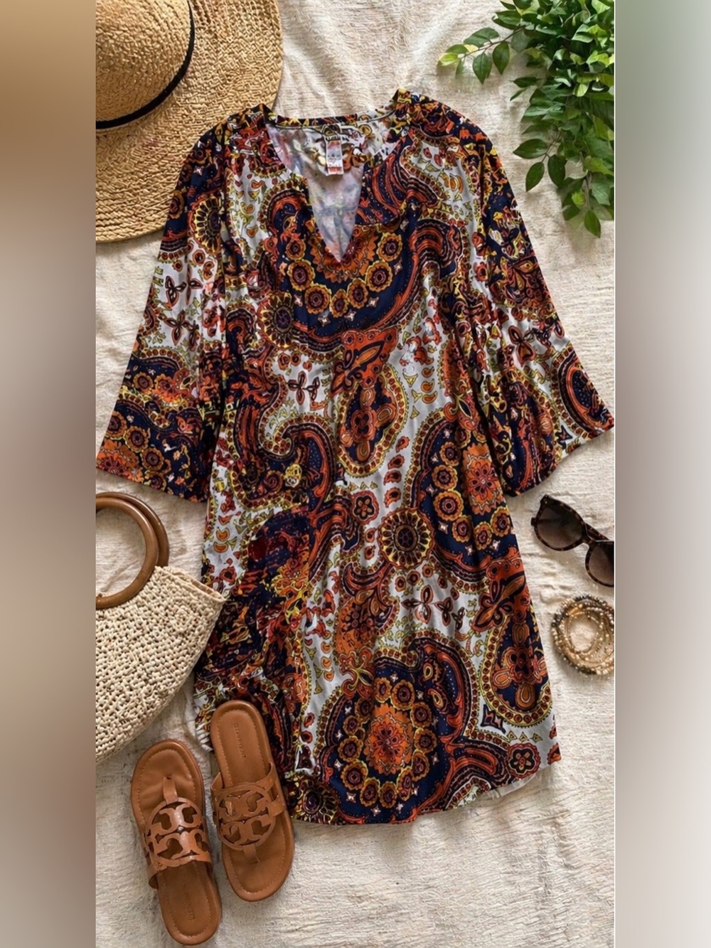 Jude Connally Paisley Print Dress XL USA Made Stretch Shift Boho Orange Navy
